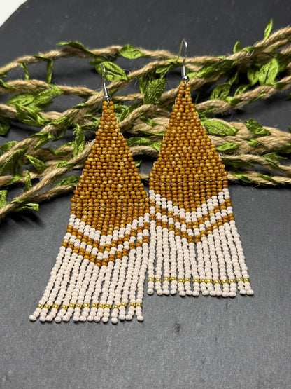 Handmade long brown and beige beaded boho earrings with fringe and silver accents. Unique native-style statement jewelry, cute bright earrings for women image 14