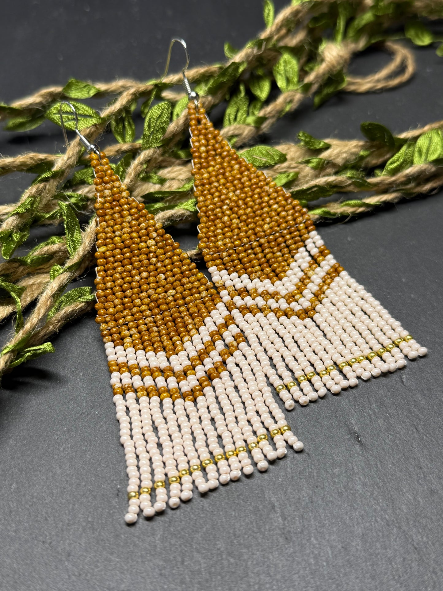 Handmade long brown and beige beaded boho earrings with fringe and silver accents. Unique native-style statement jewelry, cute bright earrings for women image 15