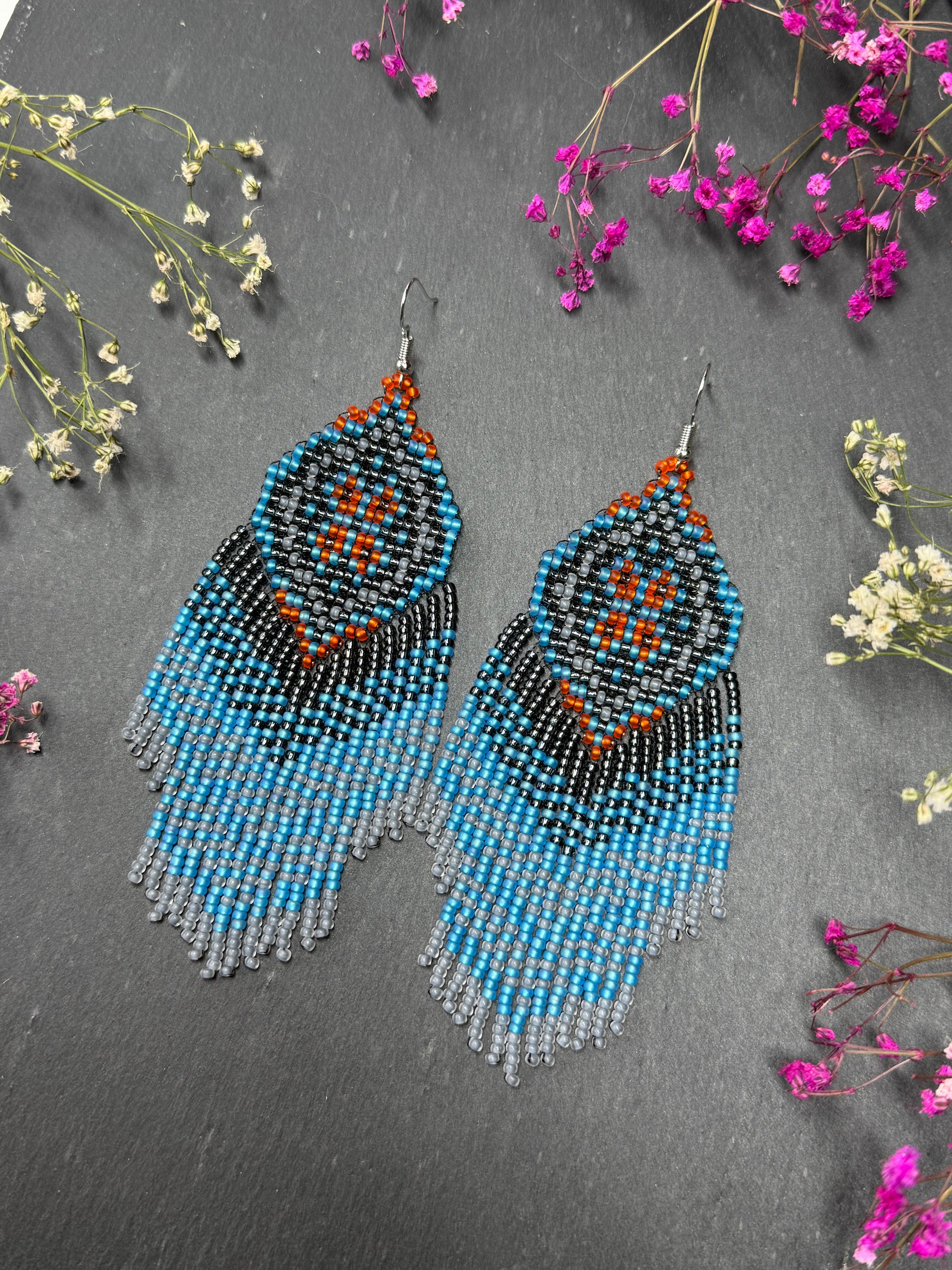 Handmade boho blue and gray beaded earrings with movable fringe. Unique bright statement jewelry with Native American-inspired design and artistic beadwork image 3