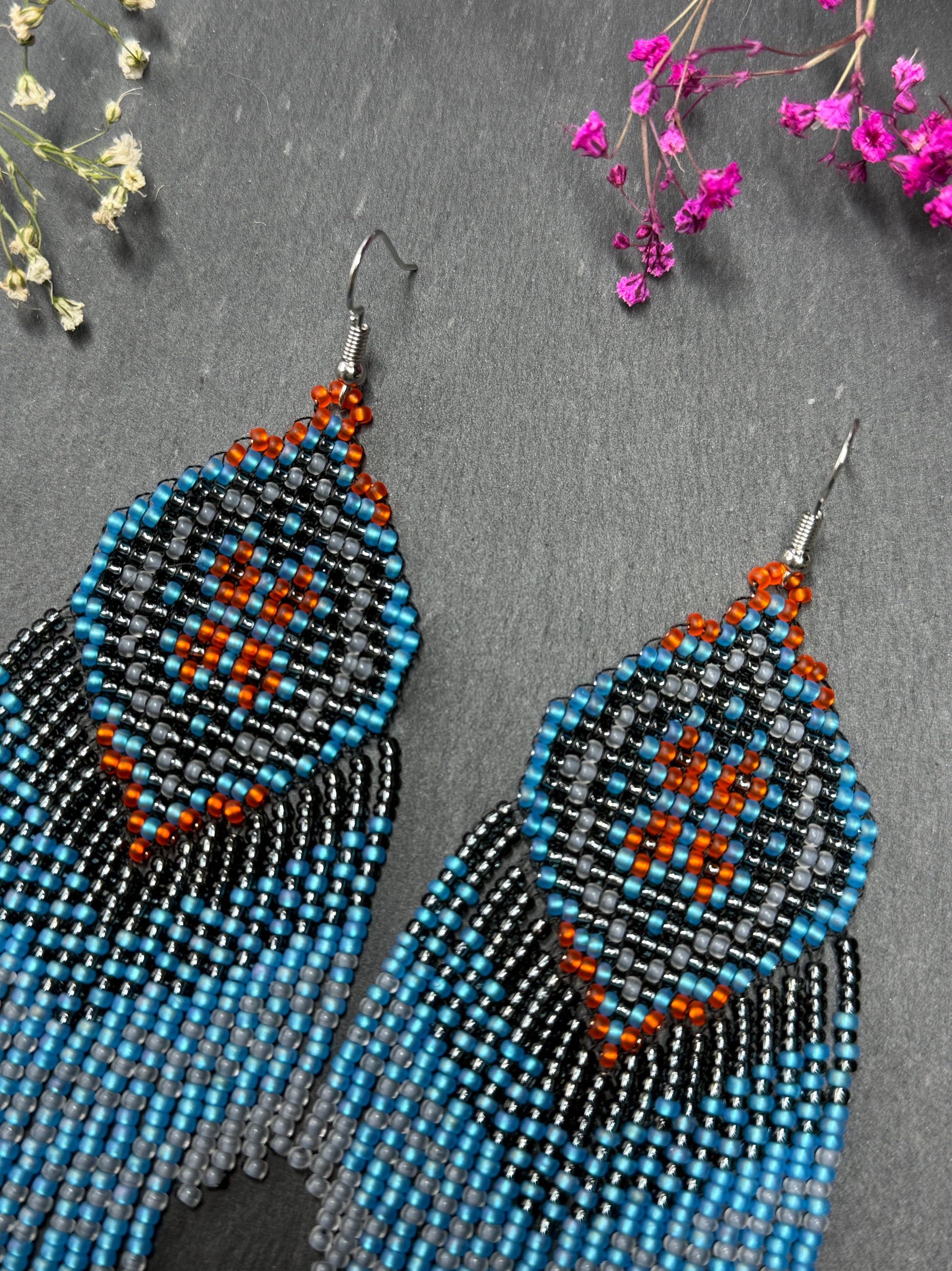 Handmade boho blue and gray beaded earrings with movable fringe. Unique bright statement jewelry with Native American-inspired design and artistic beadwork image 4