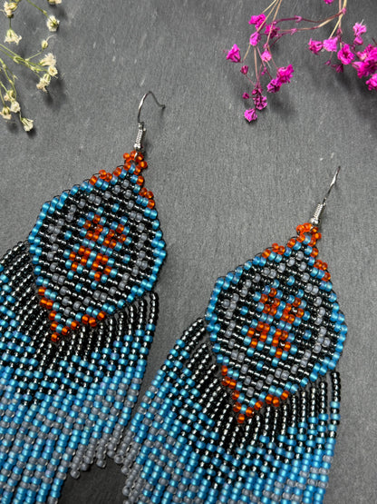 Handmade boho blue and gray beaded earrings with movable fringe. Unique bright statement jewelry with Native American-inspired design and artistic beadwork image 4