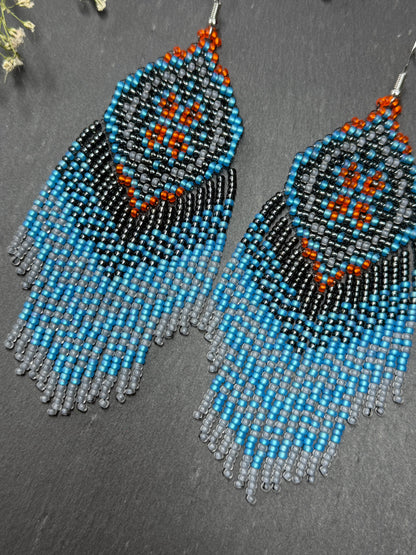 Handmade boho blue and gray beaded earrings with movable fringe. Unique bright statement jewelry with Native American-inspired design and artistic beadwork image 5
