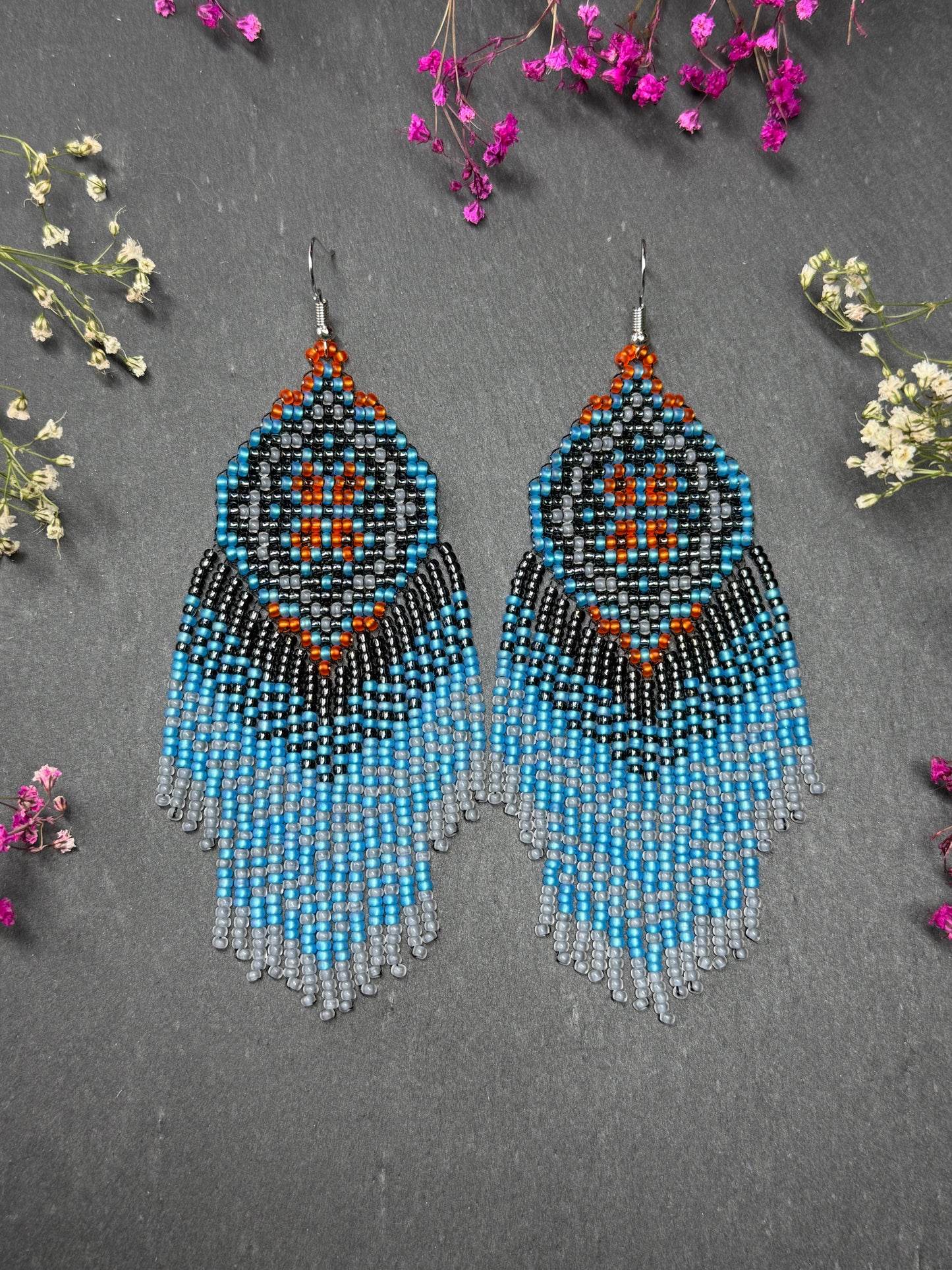 Handmade boho blue and gray beaded earrings with movable fringe. Unique bright statement jewelry with Native American-inspired design and artistic beadwork image 1