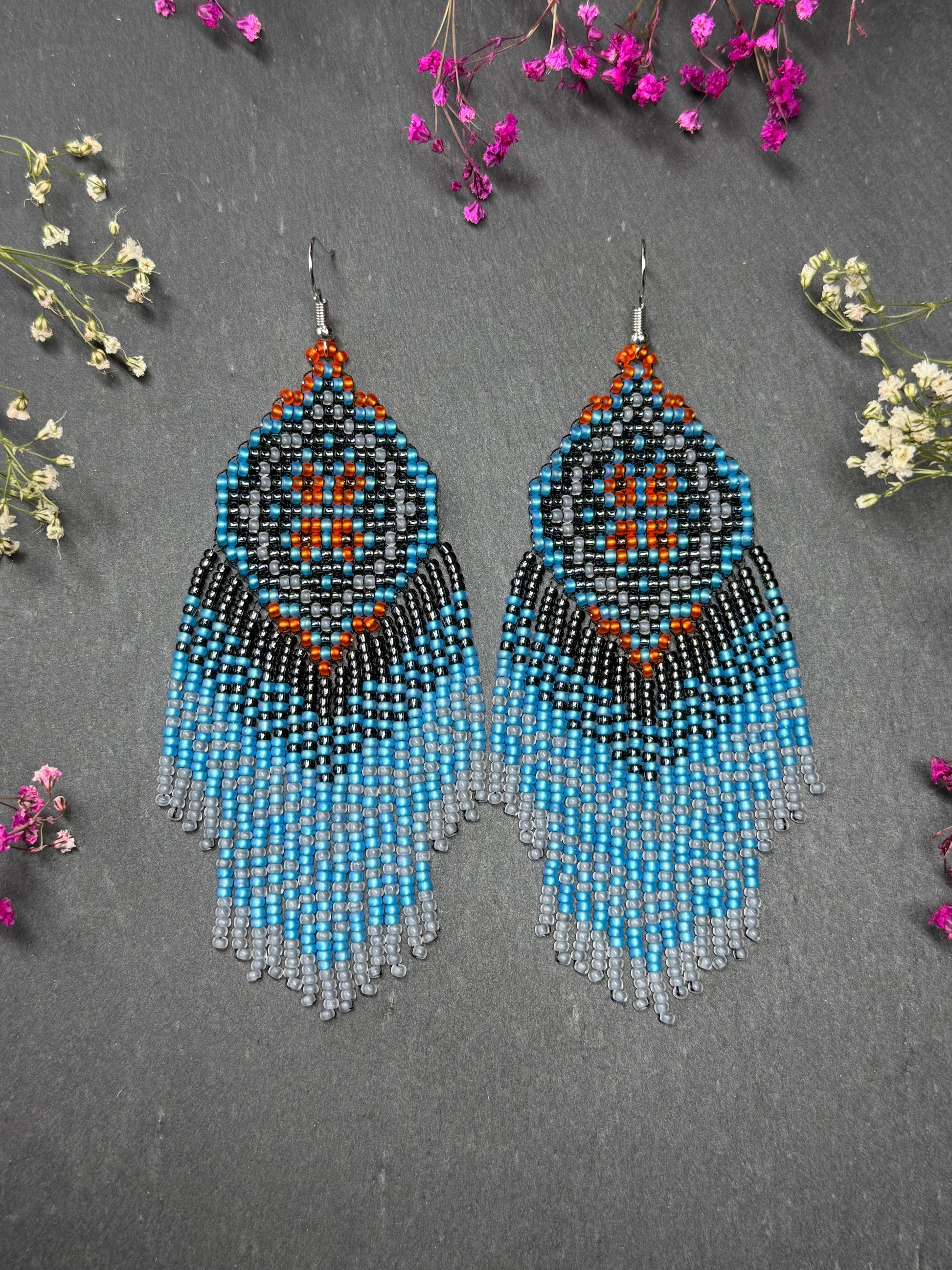 Handmade boho blue and gray beaded earrings with movable fringe. Unique bright statement jewelry with Native American-inspired design and artistic beadwork image 1