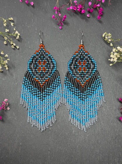 Handmade boho blue and gray beaded earrings with movable fringe. Unique bright statement jewelry with Native American-inspired design and artistic beadwork image 1