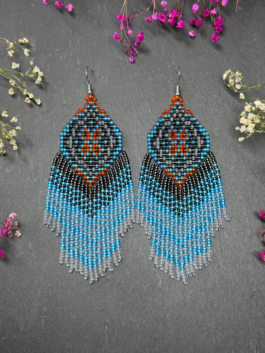 Handmade boho blue and gray beaded earrings with movable fringe. Unique bright statement jewelry with Native American-inspired design and artistic beadwork image 1
