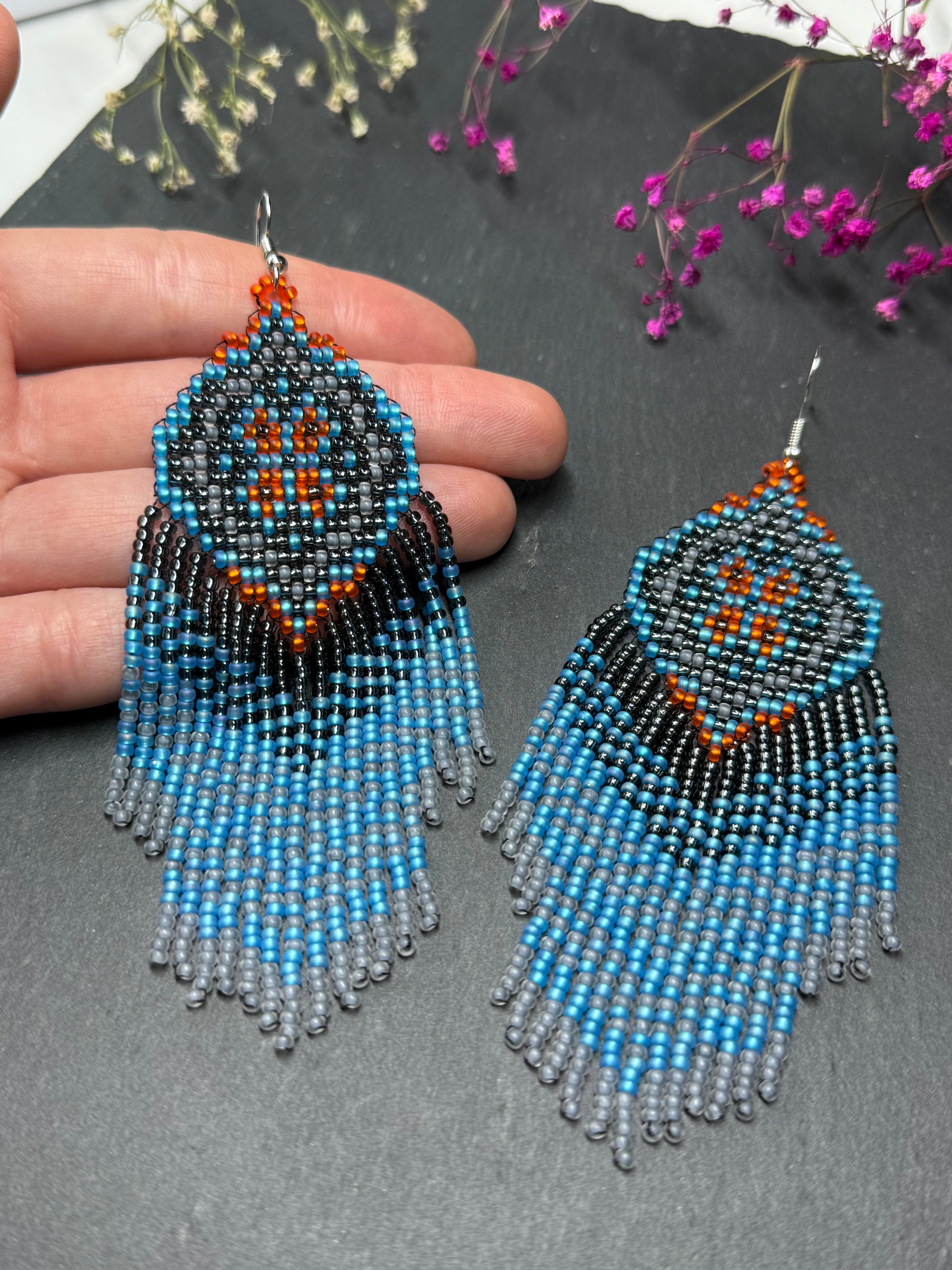 Handmade boho blue and gray beaded earrings with movable fringe. Unique bright statement jewelry with Native American-inspired design and artistic beadwork image 6