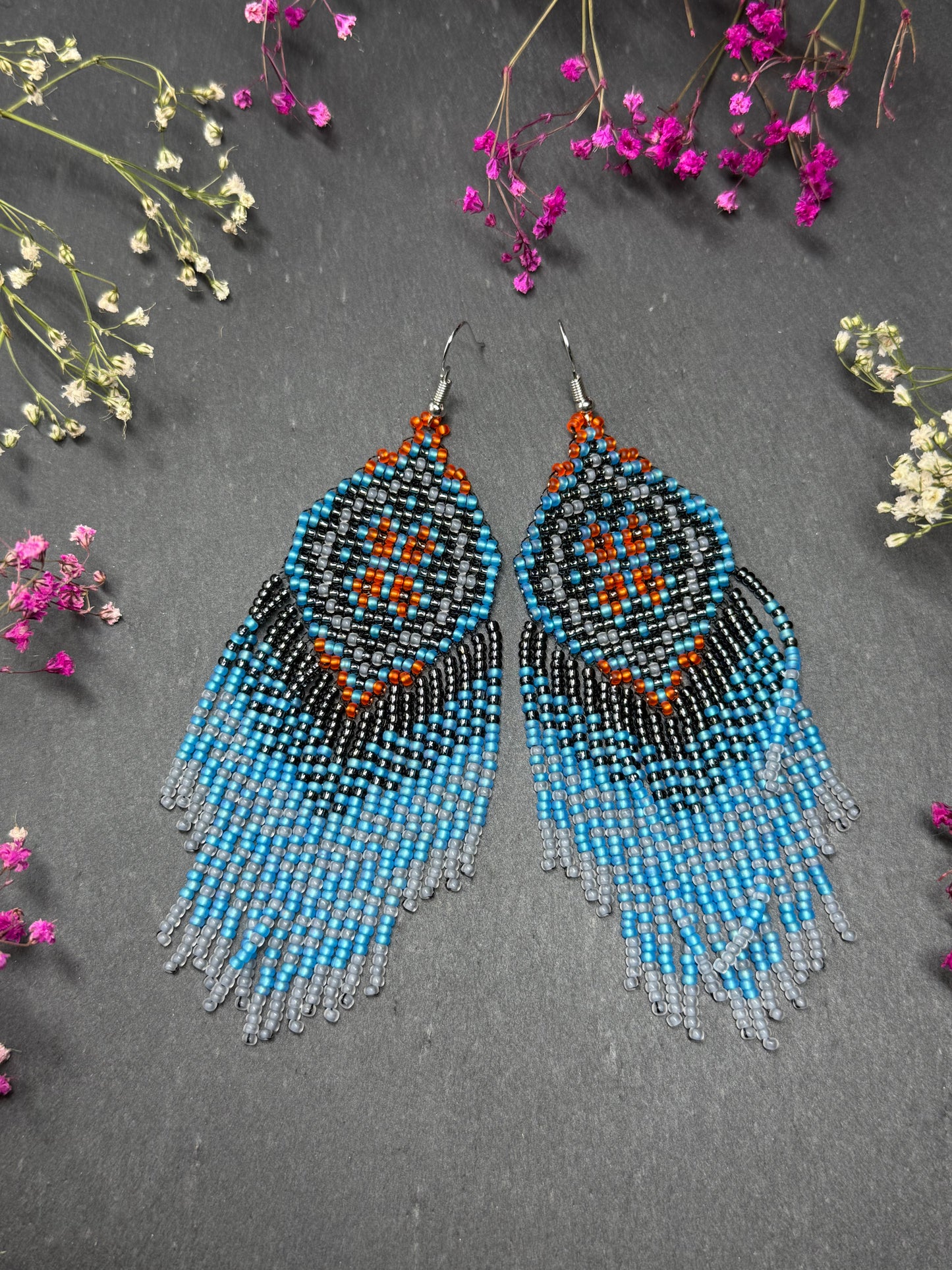 Handmade boho blue and gray beaded earrings with movable fringe. Unique bright statement jewelry with Native American-inspired design and artistic beadwork image 9