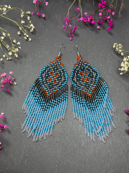 Handmade boho blue and gray beaded earrings with movable fringe. Unique bright statement jewelry with Native American-inspired design and artistic beadwork image 9