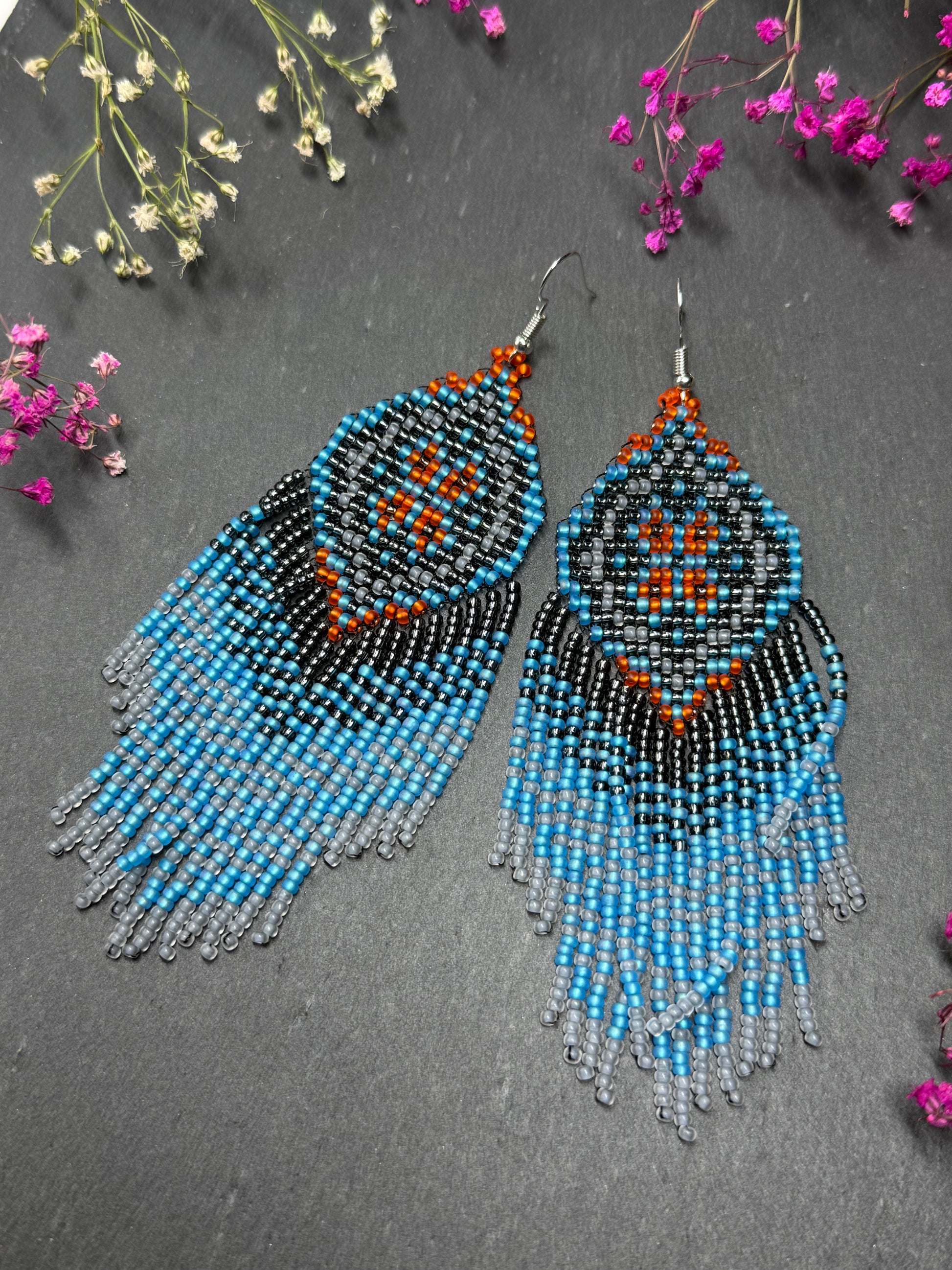 Handmade boho blue and gray beaded earrings with movable fringe. Unique bright statement jewelry with Native American-inspired design and artistic beadwork image 10