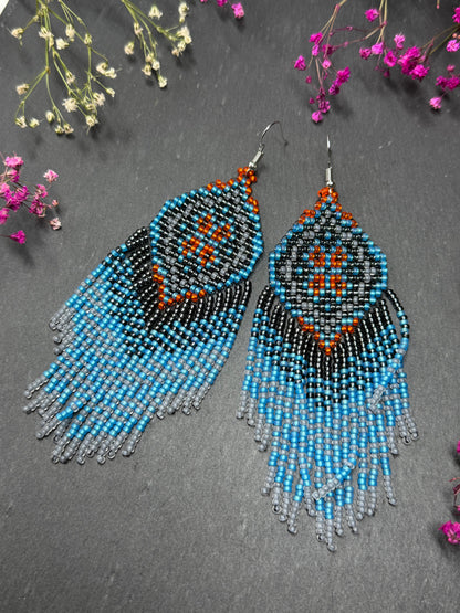 Handmade boho blue and gray beaded earrings with movable fringe. Unique bright statement jewelry with Native American-inspired design and artistic beadwork image 10
