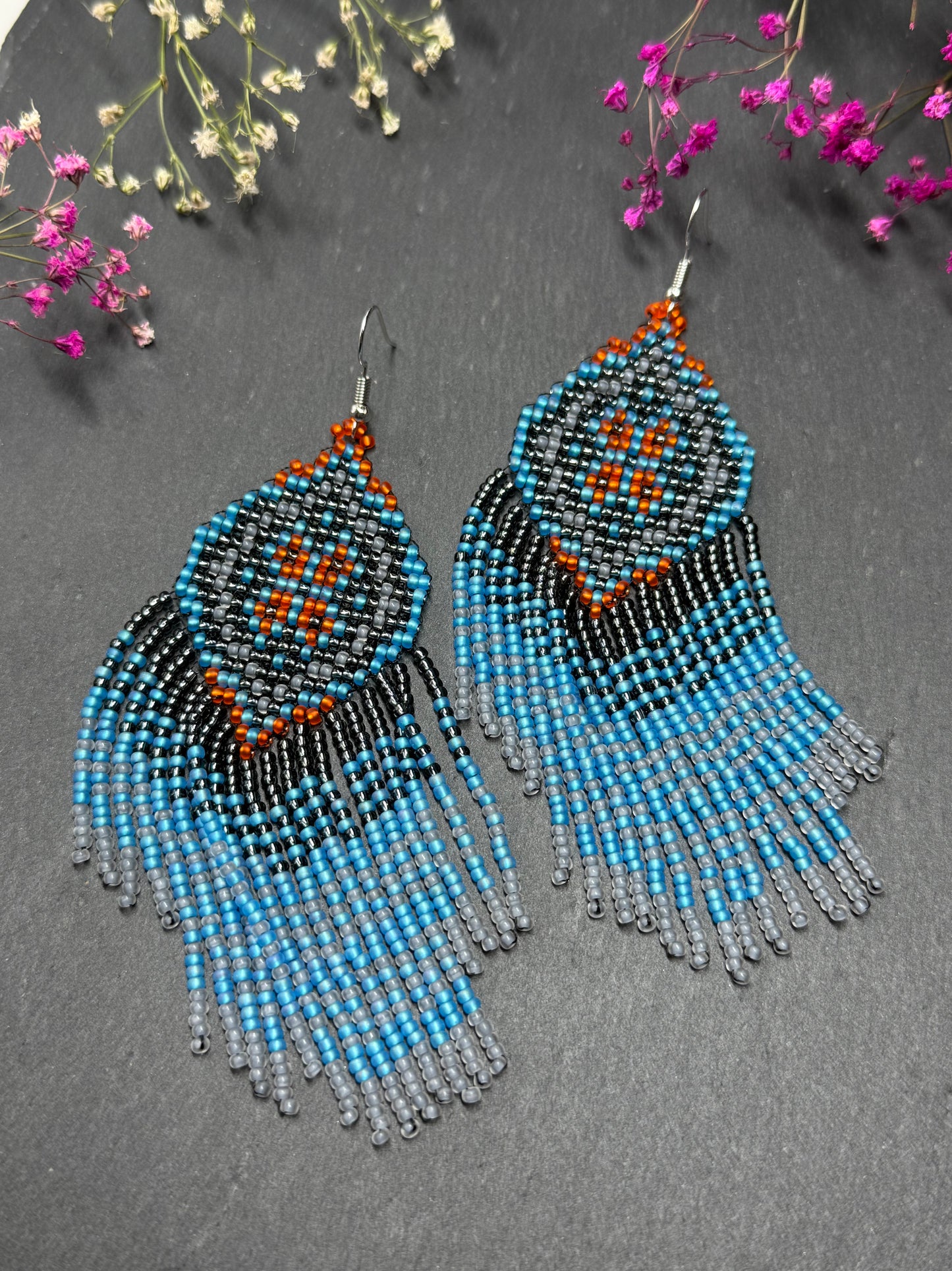 Handmade boho blue and gray beaded earrings with movable fringe. Unique bright statement jewelry with Native American-inspired design and artistic beadwork image 7