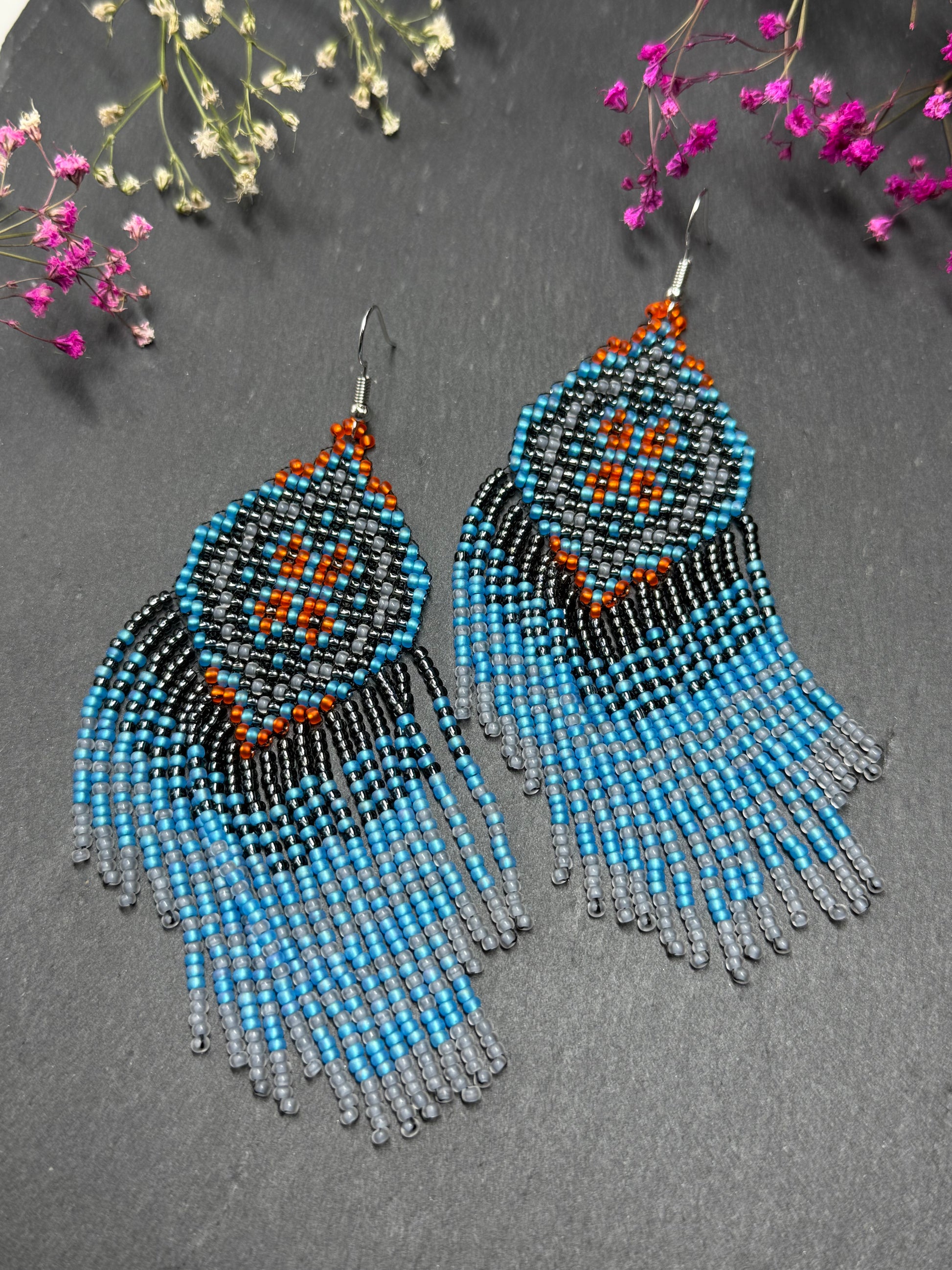 Handmade boho blue and gray beaded earrings with movable fringe. Unique bright statement jewelry with Native American-inspired design and artistic beadwork image 7