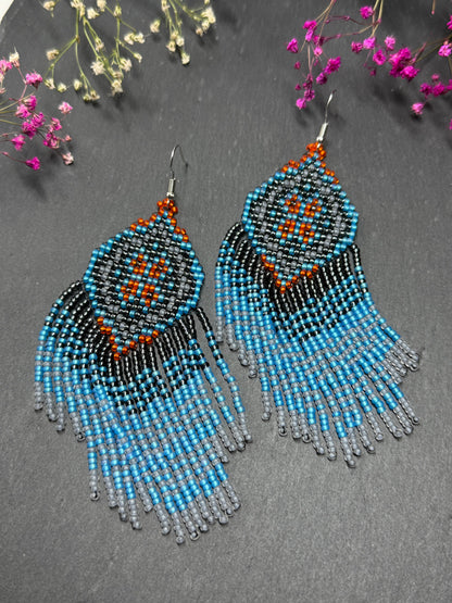 Handmade boho blue and gray beaded earrings with movable fringe. Unique bright statement jewelry with Native American-inspired design and artistic beadwork image 7