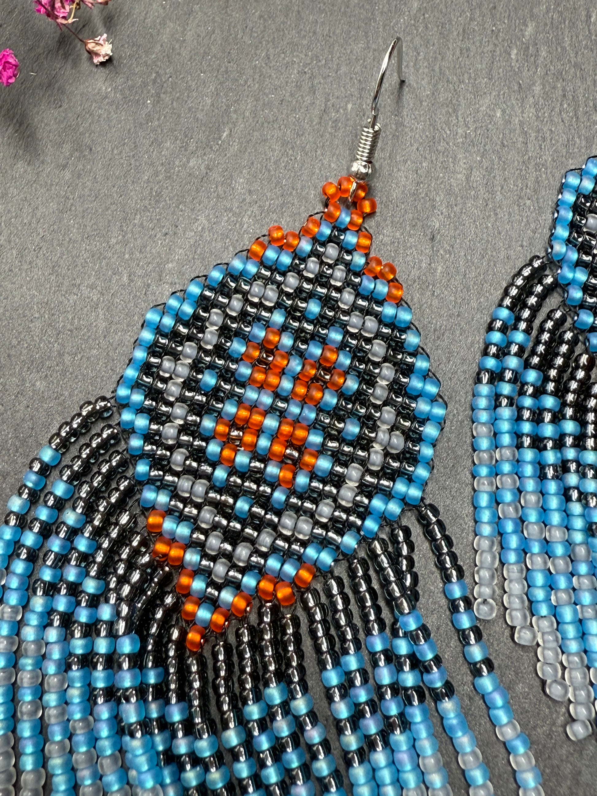 Handmade boho blue and gray beaded earrings with movable fringe. Unique bright statement jewelry with Native American-inspired design and artistic beadwork image 8