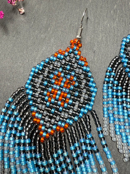 Handmade boho blue and gray beaded earrings with movable fringe. Unique bright statement jewelry with Native American-inspired design and artistic beadwork image 8