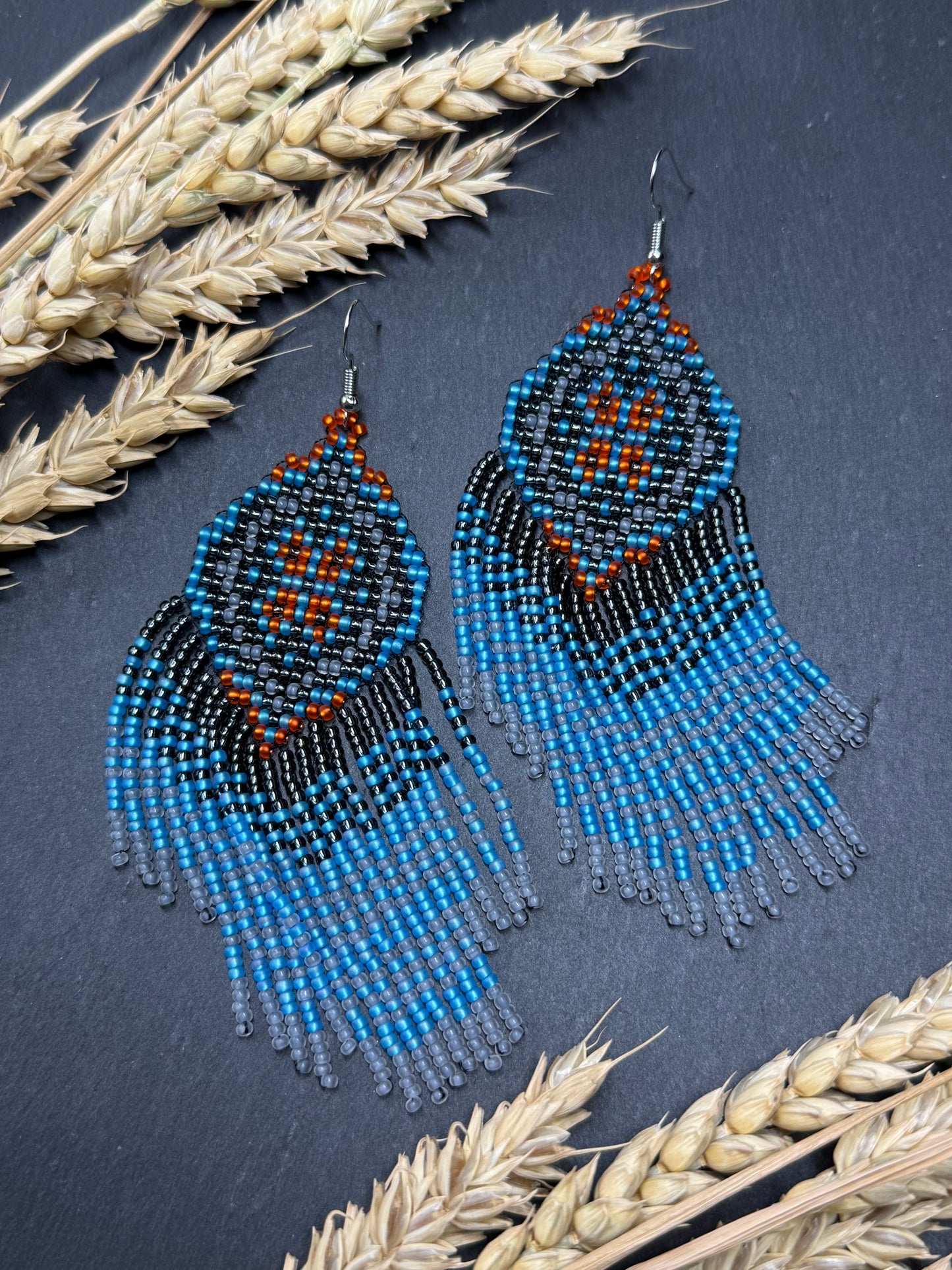 Handmade boho blue and gray beaded earrings with movable fringe. Unique bright statement jewelry with Native American-inspired design and artistic beadwork image 11