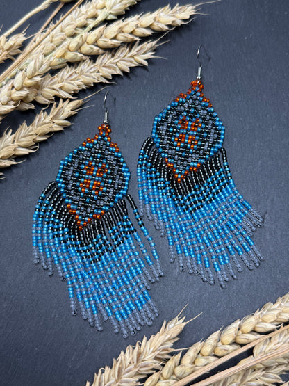 Handmade boho blue and gray beaded earrings with movable fringe. Unique bright statement jewelry with Native American-inspired design and artistic beadwork image 11