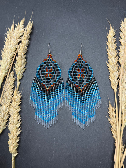 Handmade boho blue and gray beaded earrings with movable fringe. Unique bright statement jewelry with Native American-inspired design and artistic beadwork image 12