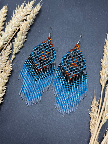 Handmade boho blue and gray beaded earrings with movable fringe. Unique bright statement jewelry with Native American-inspired design and artistic beadwork image 13