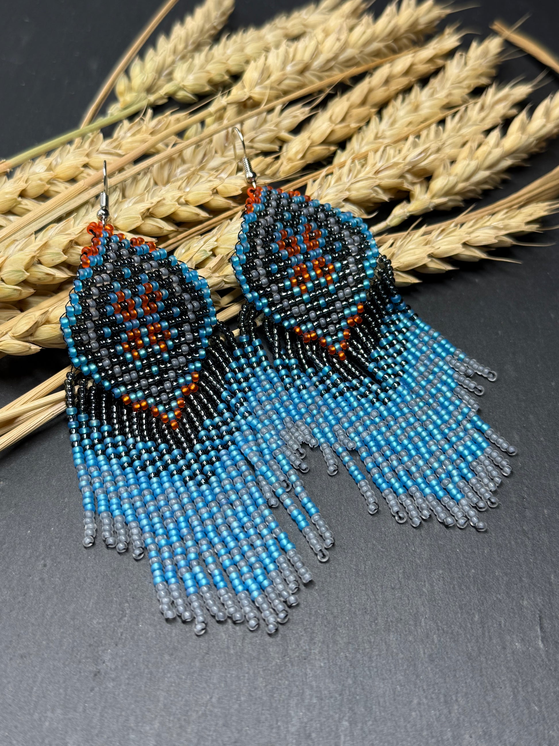 Handmade boho blue and gray beaded earrings with movable fringe. Unique bright statement jewelry with Native American-inspired design and artistic beadwork image 14