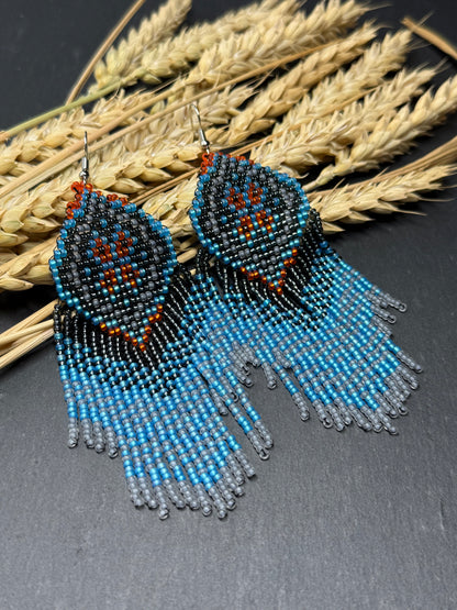 Handmade boho blue and gray beaded earrings with movable fringe. Unique bright statement jewelry with Native American-inspired design and artistic beadwork image 14