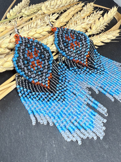 Handmade boho blue and gray beaded earrings with movable fringe. Unique bright statement jewelry with Native American-inspired design and artistic beadwork image 15