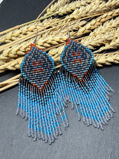 Handmade boho blue and gray beaded earrings with movable fringe. Unique bright statement jewelry with Native American-inspired design and artistic beadwork image 17