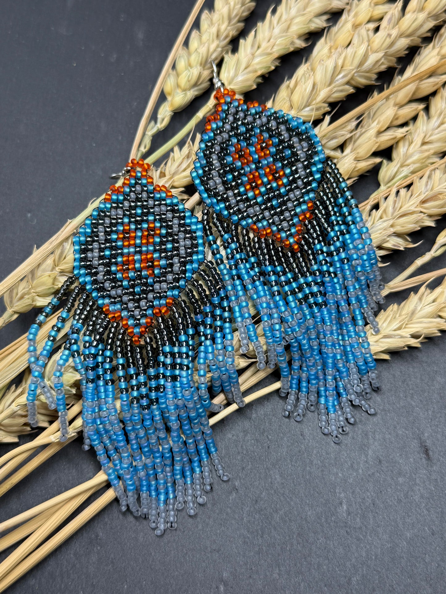 Handmade boho blue and gray beaded earrings with movable fringe. Unique bright statement jewelry with Native American-inspired design and artistic beadwork image 16