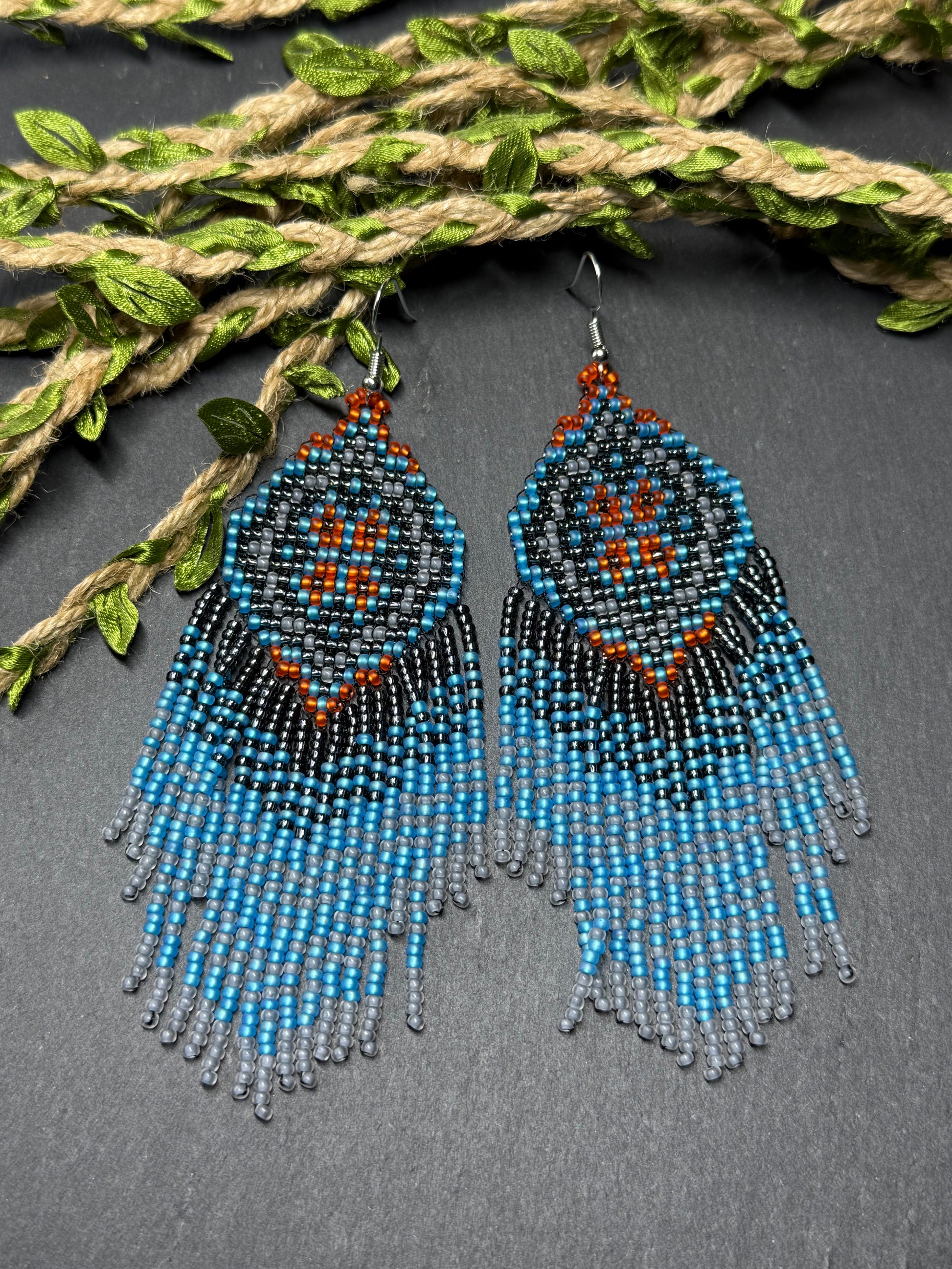 Handmade boho blue and gray beaded earrings with movable fringe. Unique bright statement jewelry with Native American-inspired design and artistic beadwork image 18
