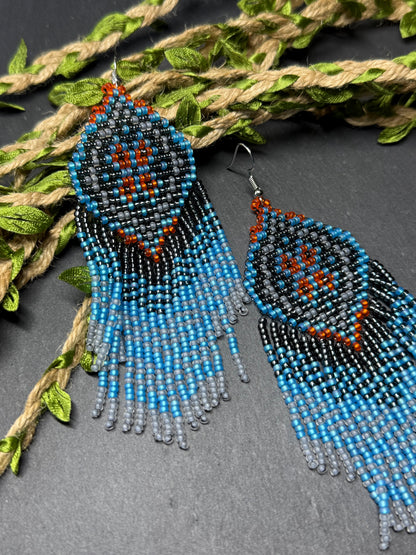 Handmade boho blue and gray beaded earrings with movable fringe. Unique bright statement jewelry with Native American-inspired design and artistic beadwork image 19