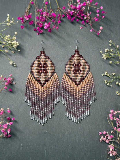 Handmade boho purple and beige beaded earrings with movable fringe. Unique bright statement jewelry with Native American-inspired design and artistic beadwork image 1