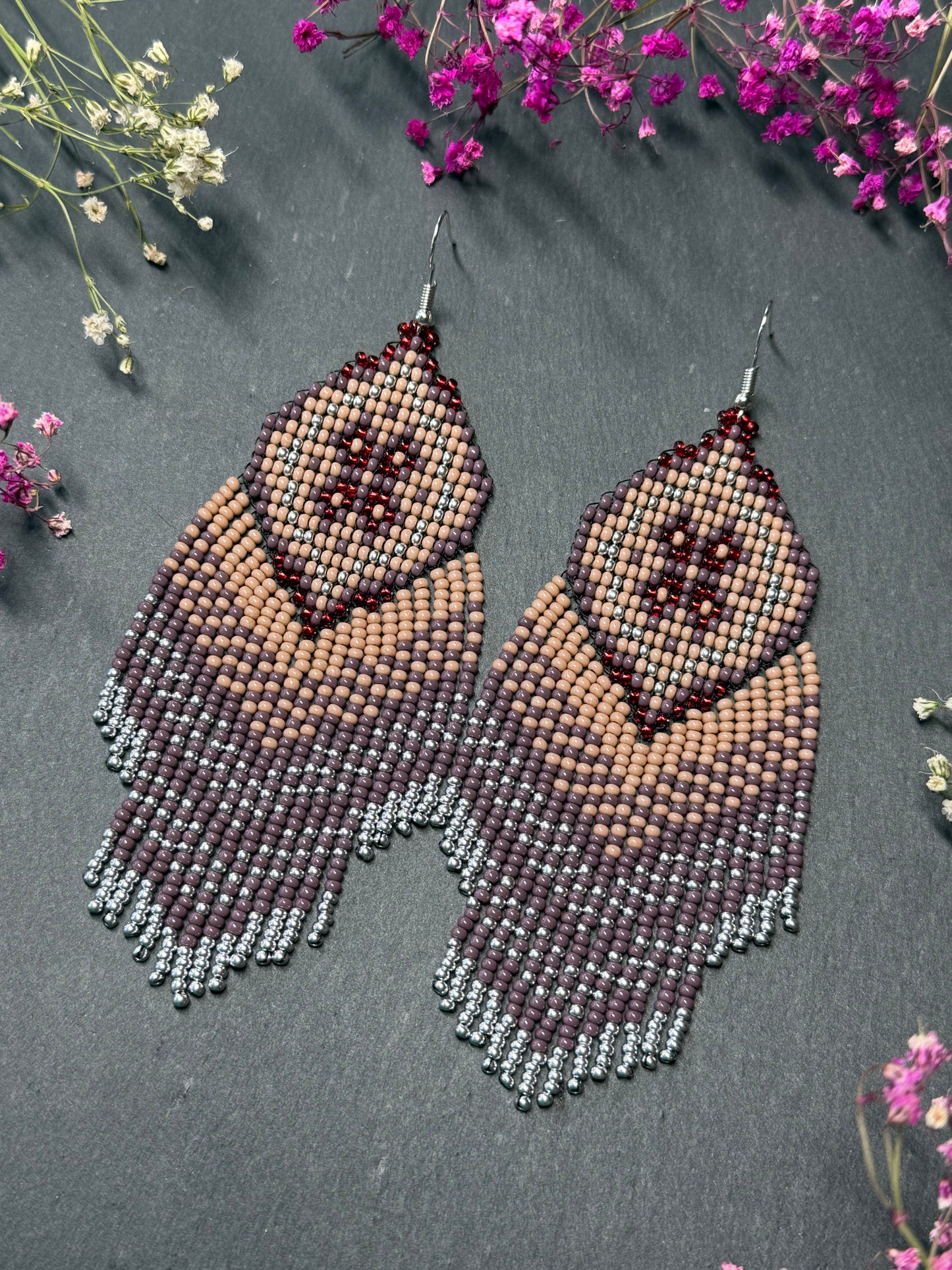 Handmade boho purple and beige beaded earrings with movable fringe. Unique bright statement jewelry with Native American-inspired design and artistic beadwork image 3
