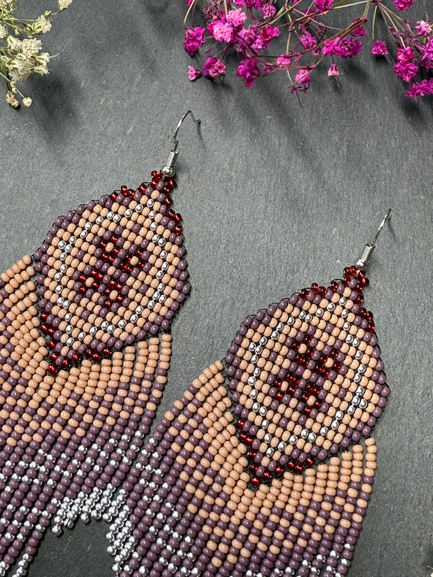 Handmade boho purple and beige beaded earrings with movable fringe. Unique bright statement jewelry with Native American-inspired design and artistic beadwork image 4