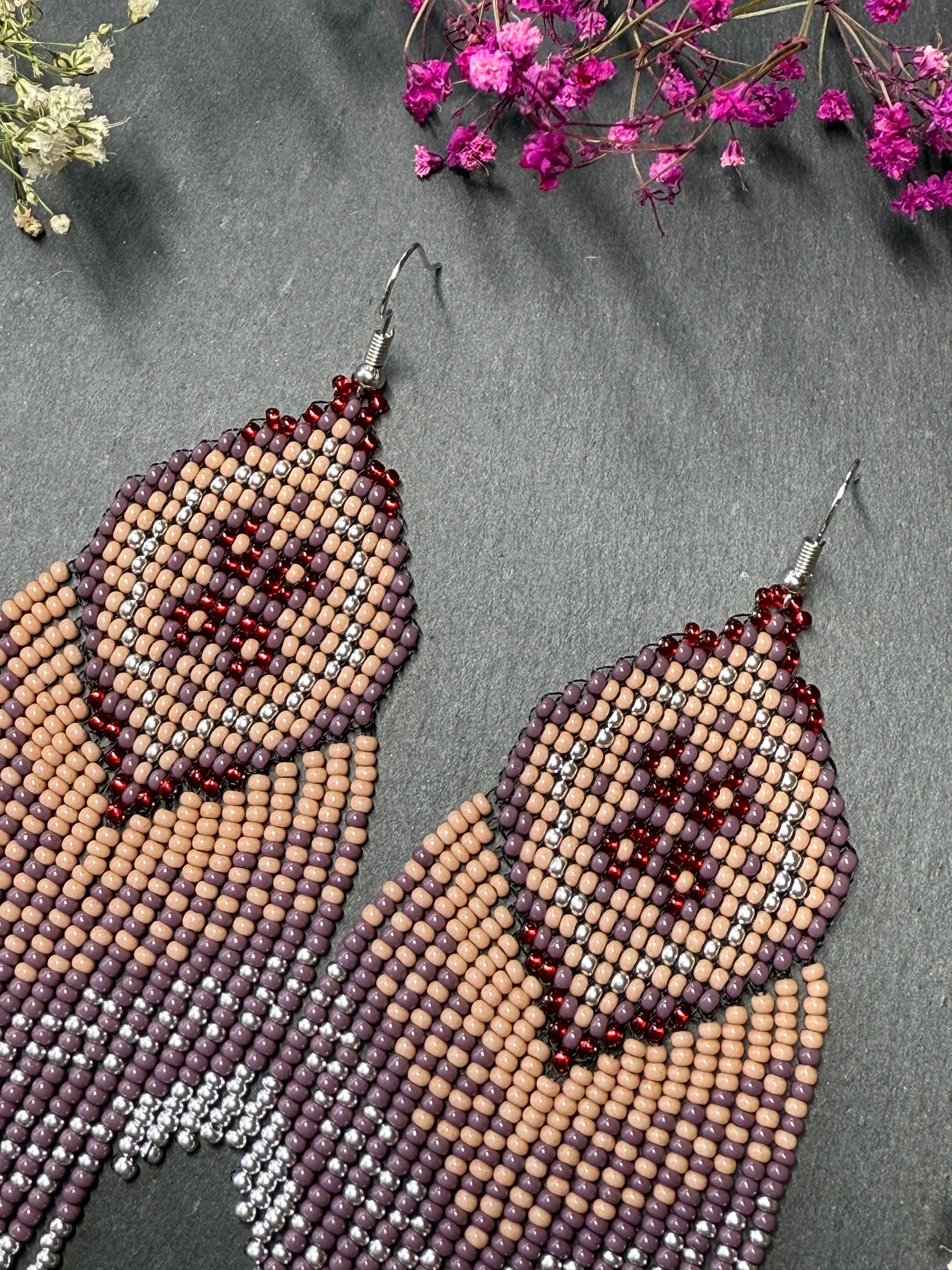 Handmade boho purple and beige beaded earrings with movable fringe. Unique bright statement jewelry with Native American-inspired design and artistic beadwork image 4