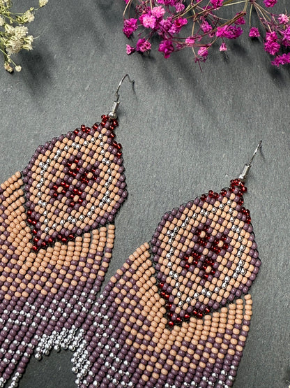 Handmade boho purple and beige beaded earrings with movable fringe. Unique bright statement jewelry with Native American-inspired design and artistic beadwork image 4