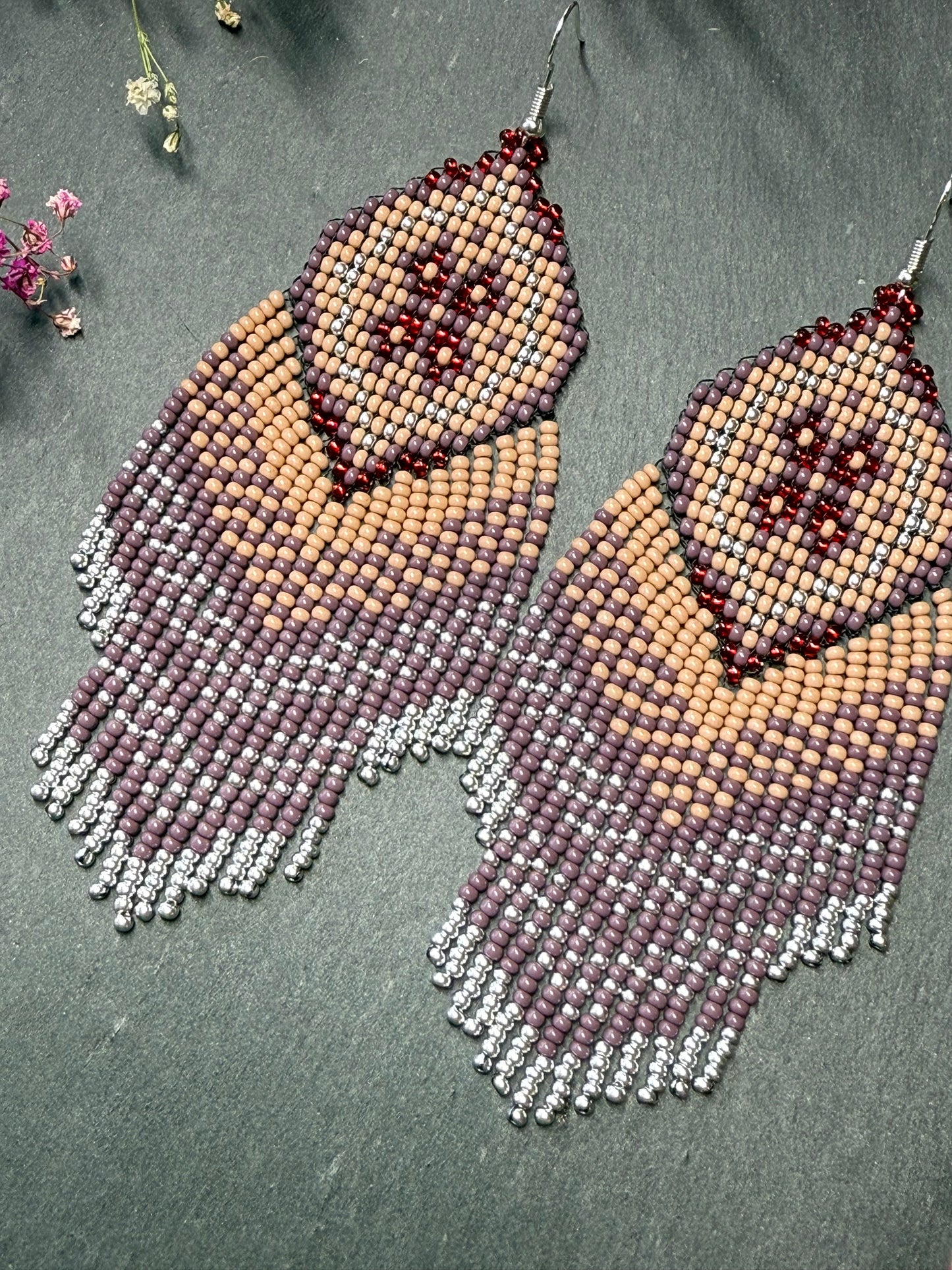 Handmade boho purple and beige beaded earrings with movable fringe. Unique bright statement jewelry with Native American-inspired design and artistic beadwork image 5