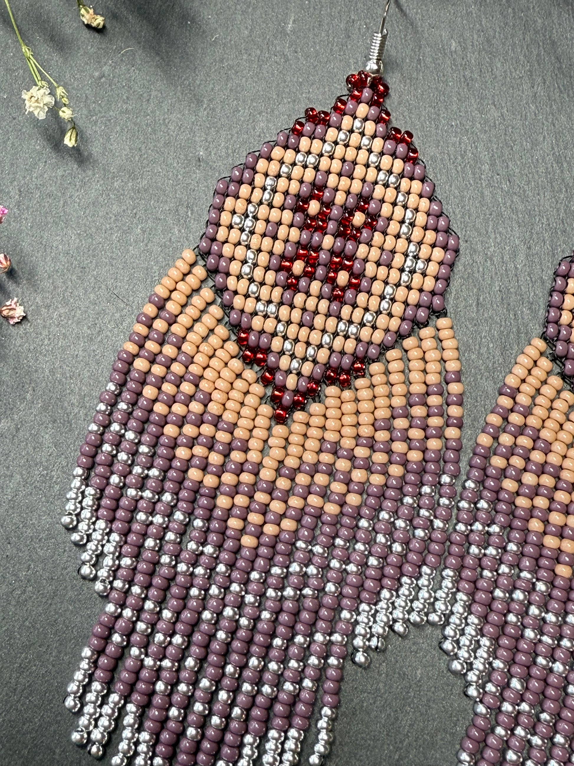 Handmade boho purple and beige beaded earrings with movable fringe. Unique bright statement jewelry with Native American-inspired design and artistic beadwork image 7