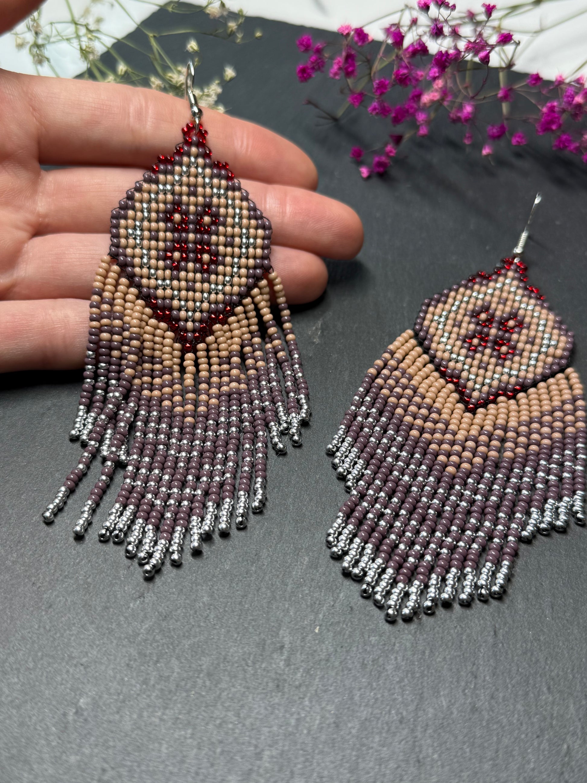 Handmade boho purple and beige beaded earrings with movable fringe. Unique bright statement jewelry with Native American-inspired design and artistic beadwork image 6