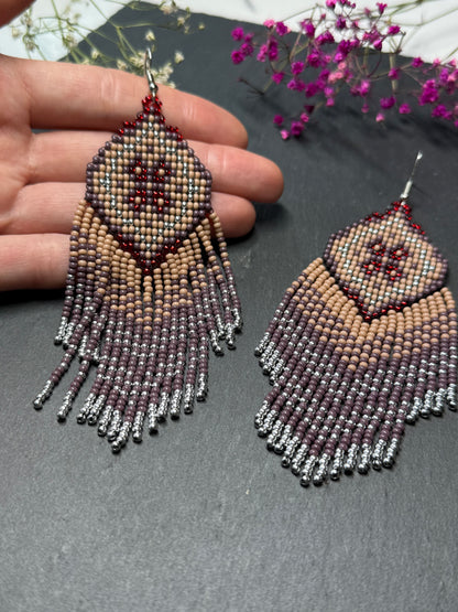 Handmade boho purple and beige beaded earrings with movable fringe. Unique bright statement jewelry with Native American-inspired design and artistic beadwork image 6