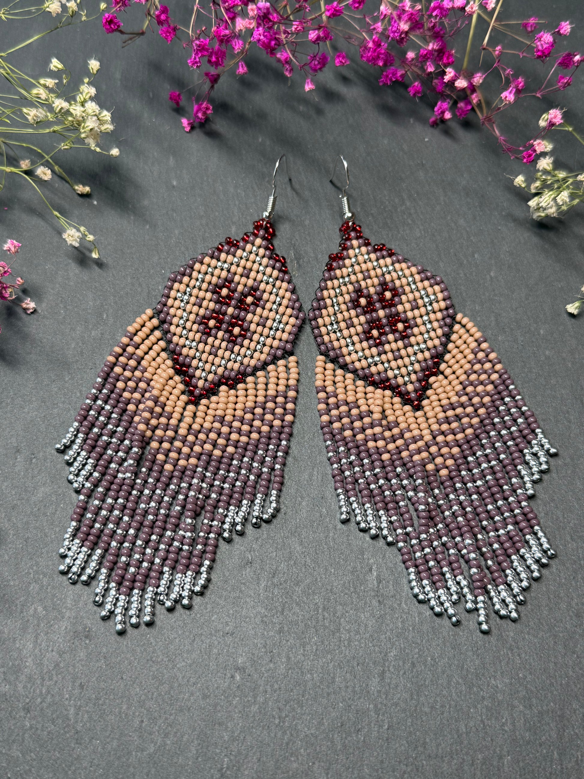 Handmade boho purple and beige beaded earrings with movable fringe. Unique bright statement jewelry with Native American-inspired design and artistic beadwork image 8