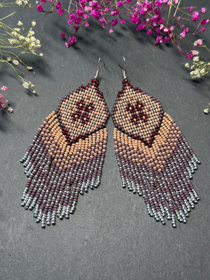 Handmade boho purple and beige beaded earrings with movable fringe. Unique bright statement jewelry with Native American-inspired design and artistic beadwork image 8
