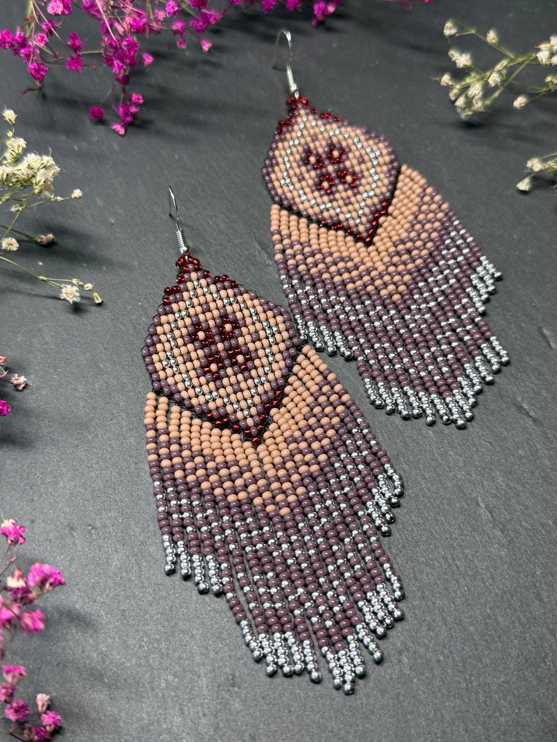 Handmade boho purple and beige beaded earrings with movable fringe. Unique bright statement jewelry with Native American-inspired design and artistic beadwork image 10