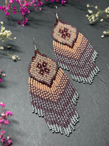 Handmade boho purple and beige beaded earrings with movable fringe. Unique bright statement jewelry with Native American-inspired design and artistic beadwork image 10