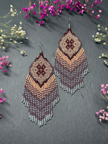 Handmade boho purple and beige beaded earrings with movable fringe. Unique bright statement jewelry with Native American-inspired design and artistic beadwork image 9
