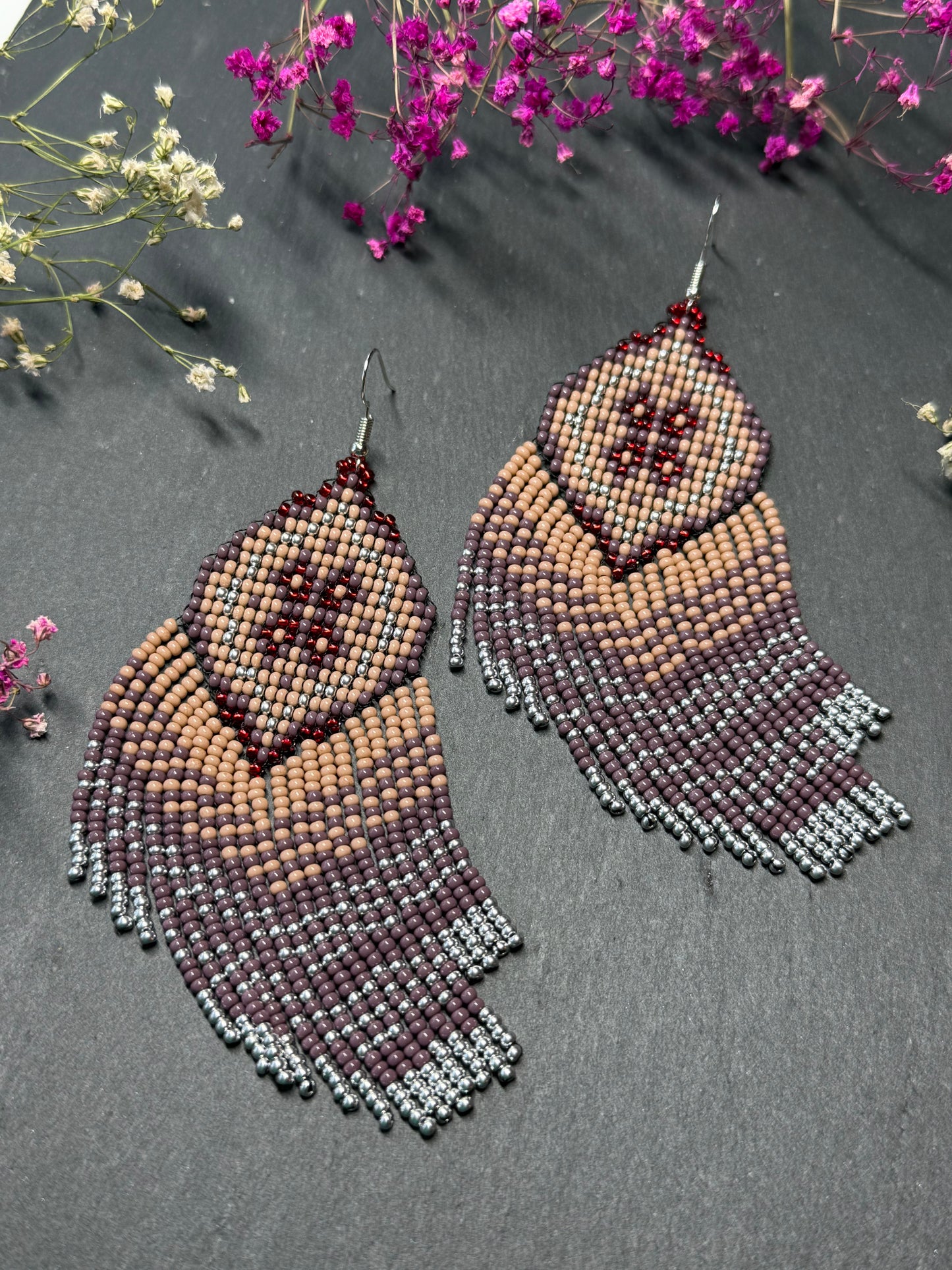 Handmade boho purple and beige beaded earrings with movable fringe. Unique bright statement jewelry with Native American-inspired design and artistic beadwork image 12