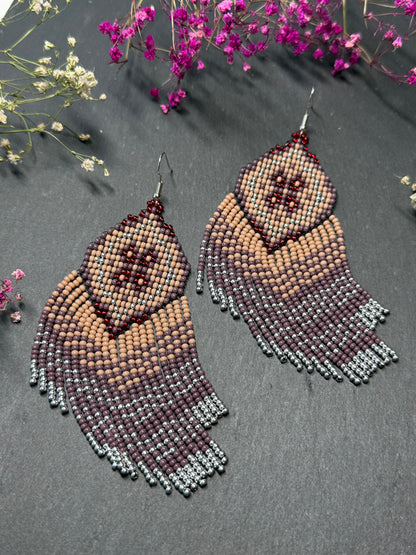 Handmade boho purple and beige beaded earrings with movable fringe. Unique bright statement jewelry with Native American-inspired design and artistic beadwork image 12