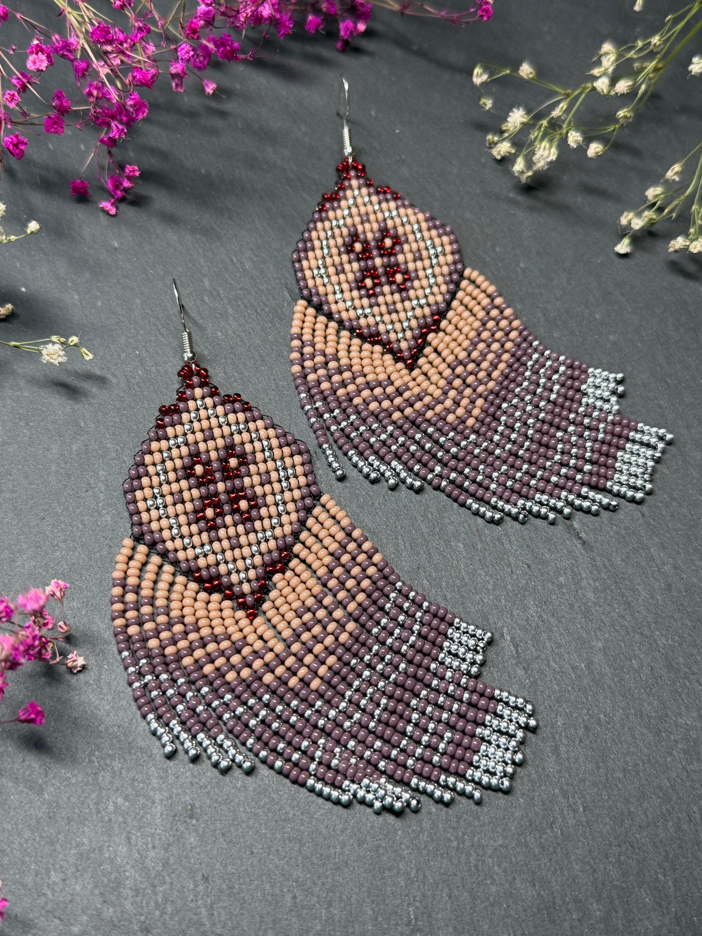 Handmade boho purple and beige beaded earrings with movable fringe. Unique bright statement jewelry with Native American-inspired design and artistic beadwork image 11