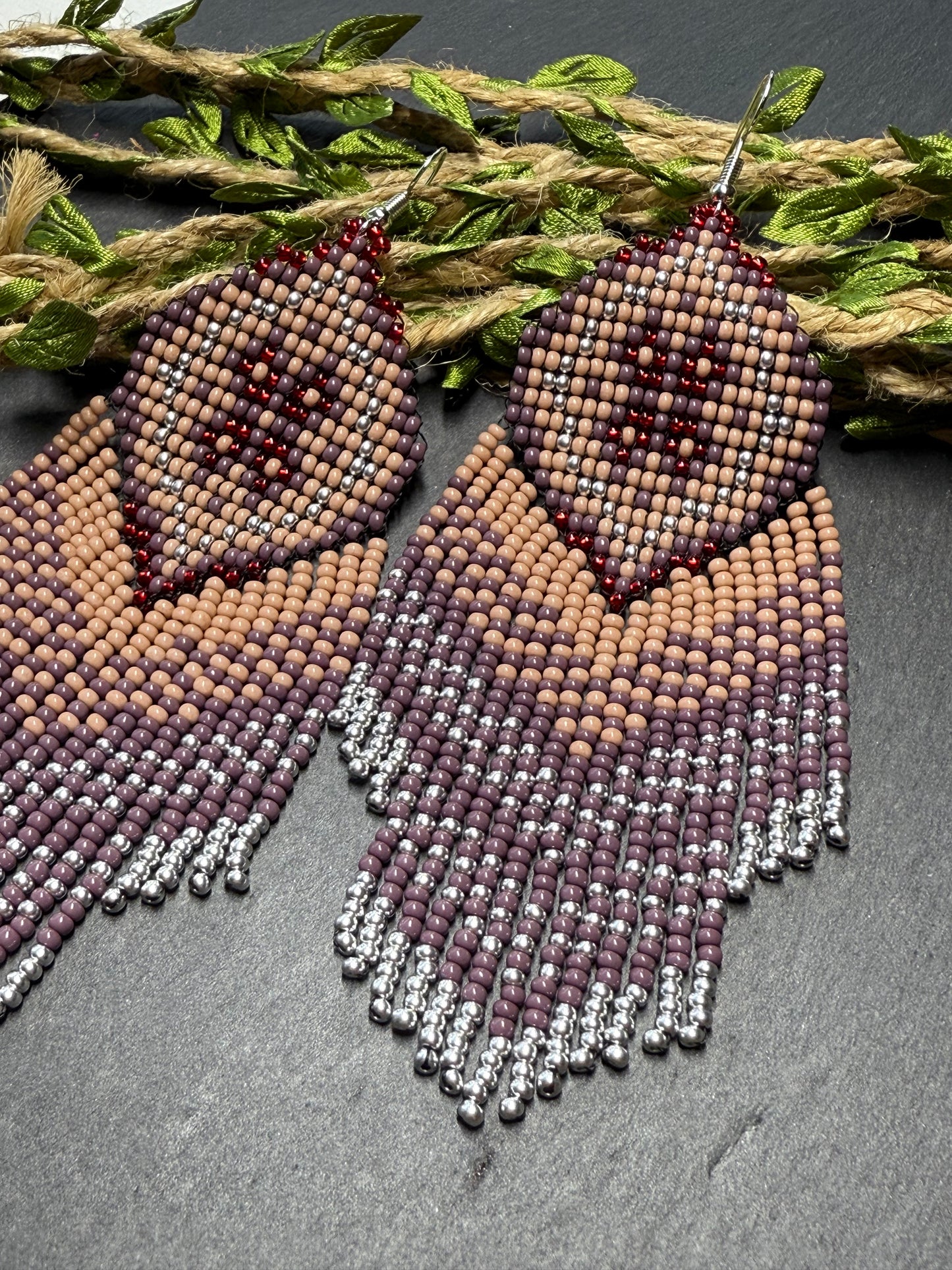 Handmade boho purple and beige beaded earrings with movable fringe. Unique bright statement jewelry with Native American-inspired design and artistic beadwork image 13