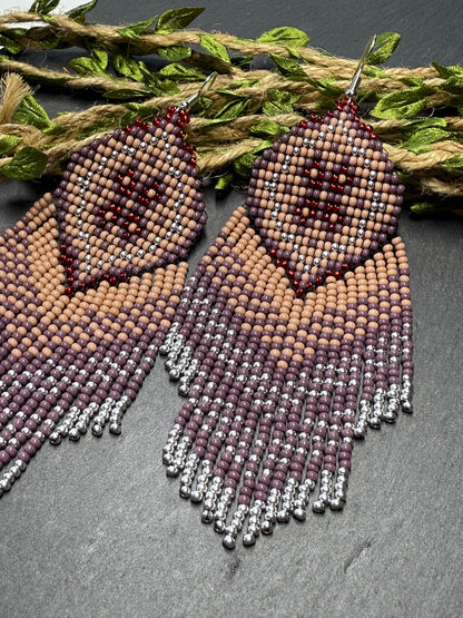 Handmade boho purple and beige beaded earrings with movable fringe. Unique bright statement jewelry with Native American-inspired design and artistic beadwork image 13